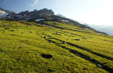 A panoramic shot of a mountain filled with snow behind a green path which has stones on it under the blue sky.