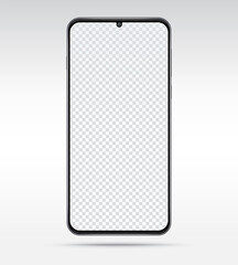 Frameless smartphone isolated on white background. Mobile phone with blank transparent screen. Vector illustration