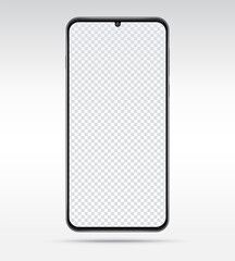 Frameless smartphone isolated on white background. Mobile phone with blank transparent screen. Vector illustration