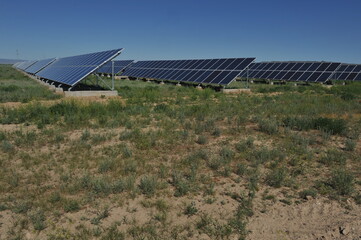 Zhambyl region, Kazakhstan - 05.15.2013 : Solar panels are displayed in a row throughout the station.