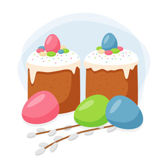 Vector scene with two Easter cakes, colored eggs and pussy willow branches. 