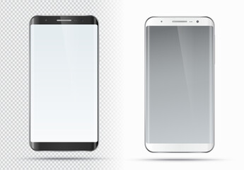Vector smartphone. Realistic white and black cellphone, smart phone mockup with blank screen