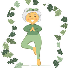 Sporty Granny does Yoga. Old person. Vector colorful cartoon illustration. Senior woman in pose yoga. Exercising for better health. Isolated flat image. Grandma. Grandmother character.