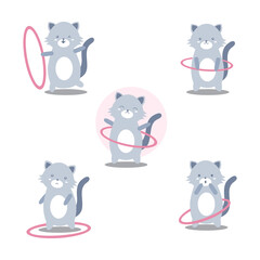 Cute Cat Kitten Playing Hula Hoop Poses Cartoon Character