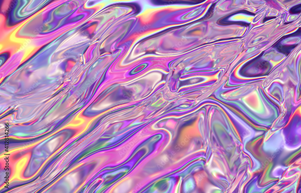 Poster abstract geometric crystal background, iridescent texture, liquid. 3d render.