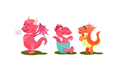 Little Baby Dragons as Fairy Winged Creatures Capable of Breathing Fire Vector Set