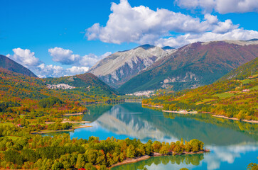 National Park of Abruzzo, Lazio and Molise (Italy) - The autumn with foliage in the mountain natural reserve, with little towns, Barrea lake, Camosciara and Val Fondillo landmark.