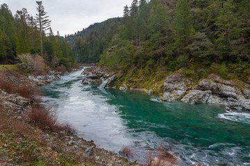 Clean and transparent water of Smith River, which flows from the Klamath Mountains to the Pacific Ocean