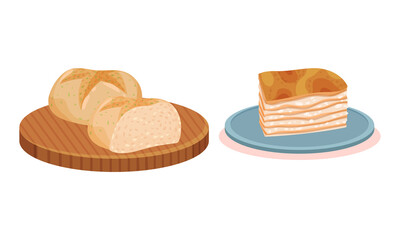 Loaf of Wheat Bread on Wooden Board and Lard Slab Vector Set