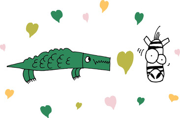 A green crocodile in love with a zebra in a cloud of pink green and yellow hearts on a white background.