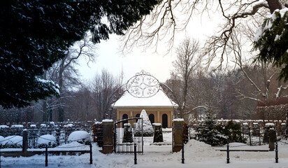 Exterior of a baroque garden in winter after heavy snowfall