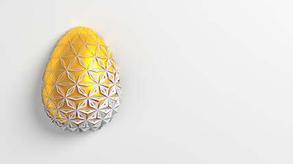 Easter concept. One single white golden egg with geometric original changing patterns on the surface on a white background. 3d illustration