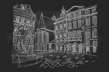 Vector sketch of street scene in Lviv, Ukraine.