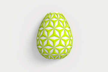 Easter concept. One single green egg with geometric original carved changing patterns on the surface on a white background. 3d illustration