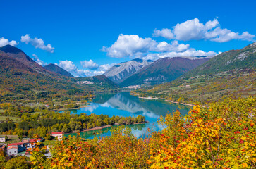 National Park of Abruzzo, Lazio and Molise (Italy) - The autumn with foliage in the mountain natural reserve, with little towns, Barrea lake, Camosciara and Val Fondillo landmark.