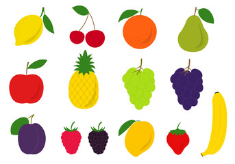 Fruit and berry icon set. Fresh orange, apple, banana, lemon, pear, cherry, mango, pineapple, plum, strawberry, raspberry and blackberry. Vector illustration.