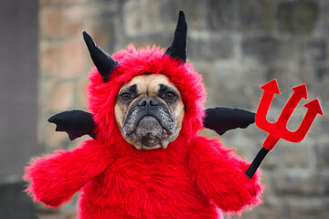 Cute French Buldog dog with red Halloween devil costum with fake arms holding pitchfork with horns...