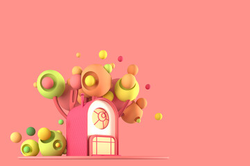 Abstract cartoon fairy-tale tiny cozy home in pastel autumn colors against a background of fantastic stylized plants, trees and grasses with copy of space is isolated. 3d illustration