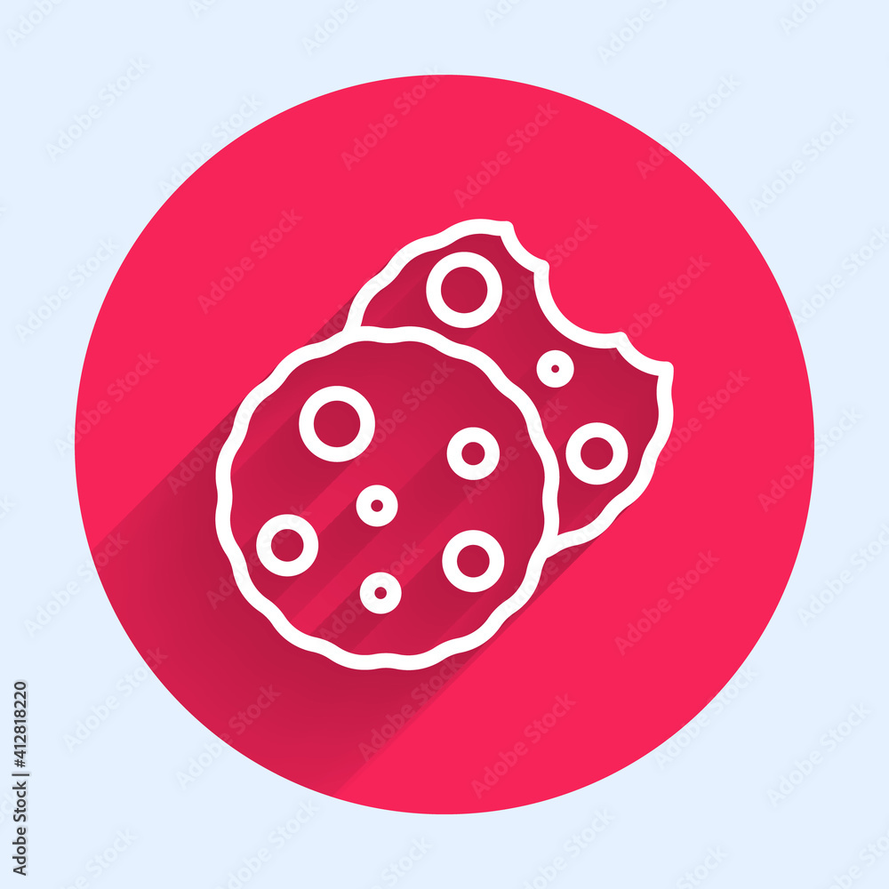 Poster white line cookie or biscuit with chocolate icon isolated with long shadow. red circle button. vecto