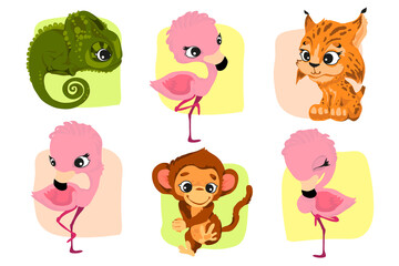 Set of characters in cartoon style, fun and attractive animals. Vector illustration