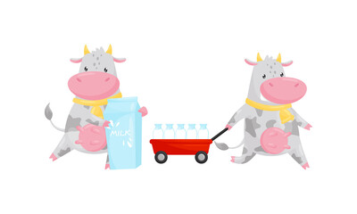 Cute Cow as Domesticated Animal with Hooves Pulling Trolley with Milk Bottle and Holding Carton of Milk Vector Set