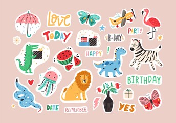 Set of colorful stickers with cute and funny animals and lettering. Hand-drawn characters and handwritten words for notebook, scrapbook or planner. Colored flat graphic vector isolated illustrations