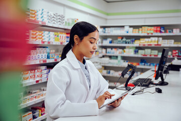 Young female pharmacist standing behind counter wearing labcoat using digital tablet in chemist