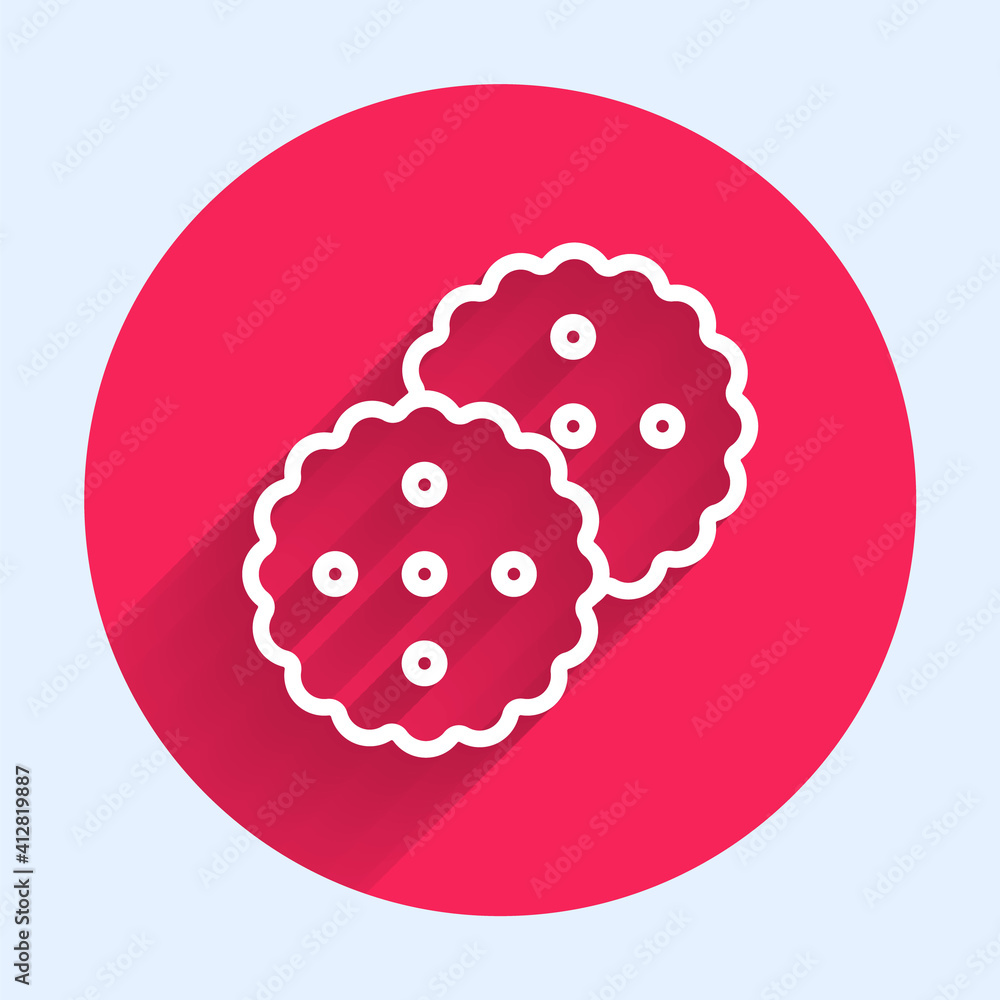 Poster white line cookie or biscuit with chocolate icon isolated with long shadow. red circle button. vecto