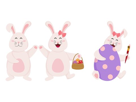 Cheerful Bunnies Character With Eggs Basket On White Background.