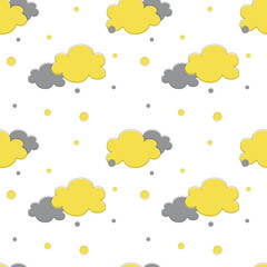 Seamless pattern with yellow and gray clouds. Trending two colors of 2021. Children's illustration with polka dots for printing on fabrics, textiles, bedding, paper. 