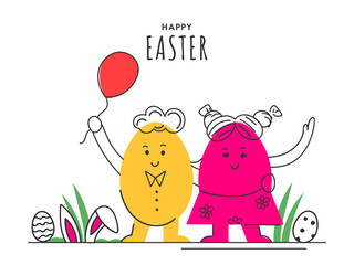 Happy Easter Concept With Doodle Style Cartoon Couple Eggs On White Background.