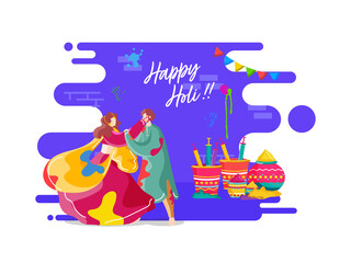 Happy Holi Celebration Background With Illustration Of Indian Couple Playing Colors.