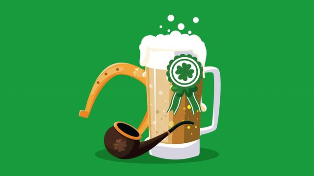 happy saint patricks day animation with beer and pipe wooden