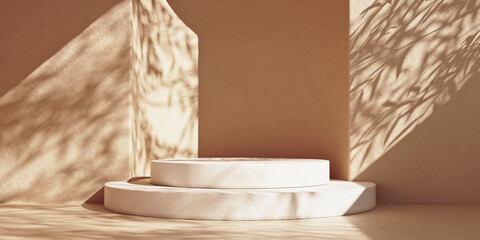 Abstract minimal scene with white stone podium and leaf shadows. Minimal premium white marble podium mockup 3d rendering.