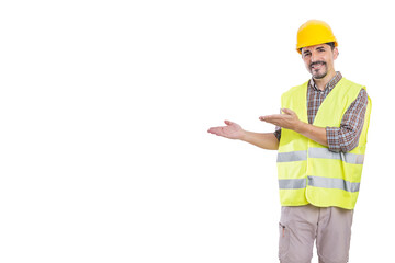 Builder in hardhat and reflective vest on white background