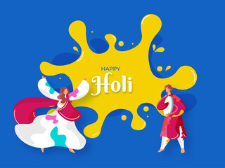 Cartoon Man Playing Dafli (Tambourine) With Dancing Woman On Yellow And Blue Background For Happy Holi Concept.