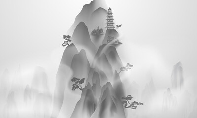 Chinese ink and water landscape painting Happy chinese new year banner card