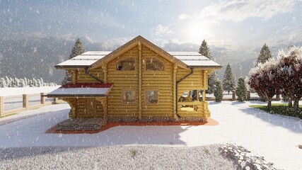 Country wooden house, cottage, villa made of carriage on the background of fir trees in the yard, on red tiles on the background of fir trees and blue sky and snow. Photorealistic picture.