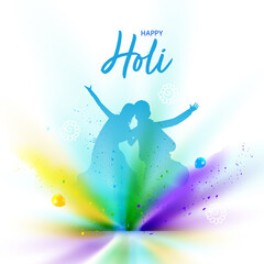 Happy Holi Celebration Concept With Silhouette Couple And Color Explosion On Glossy White Background.