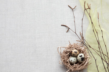 Easter card with eggs in nest over wood. Top view