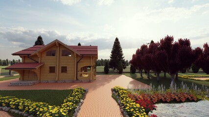 Country wooden house, cottage, villa made of gun carriage on the background of fir trees in the yard, on red tiles on the background of fir trees and blue sky. Photorealistic picture.