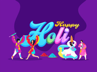 Illustration Of Indian People Celebrating Holi Festival With Powder (Gulal) Plates And Dafli (Tambourine) On Purple Background.