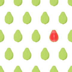 Eye catching seamless pattern with green guava whole fruit and one pink cut in half. Nature food vector illustration. Organic textile. Healthy food on white background.
