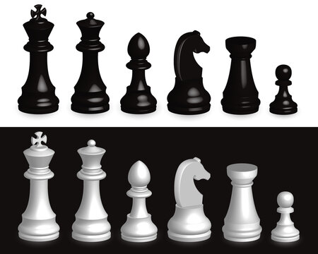 Set of chess pieces 3d. Realistic set of all chess pieces in 3d black and white.