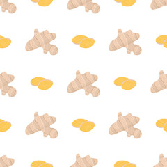 Cartoon ginger whole and slice seamless pattern for print design. Healthy food background. Decorative graphic element. Asian spice root