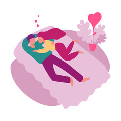 Vector illustration. A loving couple is resting in an embrace in bed.