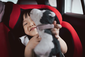 Asian cute girl play puppy doll in car seat. Concept for family life in car.