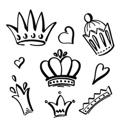 Set of lineart crowns wiht hearts. For banner, postcard, notebook. White background and transparent objects. Vector EPS10