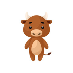 Fototapeta premium Cute little bull on white background. Cartoon animal character for kids cards, baby shower, birthday invitation, house interior. Bright colored childish vector illustration in cartoon style.