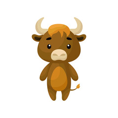 Cute little musk-ox on white background. Cartoon animal character for kids cards, baby shower, birthday invitation, house interior. Bright colored childish vector illustration in cartoon style.